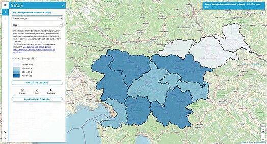 Prikazan je odstotni delež delovno aktivnih prebivalcev med delovno sposobnimi prebivalci. Delovno aktivno prebivalstvo sestavljajo zaposlene in samozaposlene osebe. Delovno sposobno prebivalstvo so osebe, stare 15–64 let.