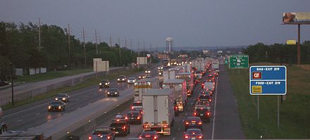 I-70 west of St. Louis; shown here is rush-hour traffic congestion. Since this photograph was taken, this section has been widened to four lanes in each direction.