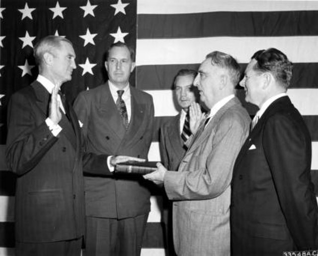 Stuart Symington is sworn-in as the first Secretary of the Air Force by Chief Justice Fred M. Vinson on September 18, 1947.