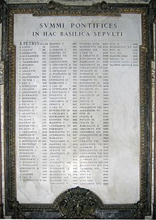 Plaque commemorating the popes buried in St. Peter's. Alexanders VI, VII, and VIII are numbered as though the Pisan pope Alexander V were legitimate, but John XXIII (d. 1963) has reused the ordinal of the Pisan pope John XXIII. Tafel paepste.jpg