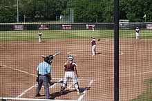 Pitchout during a Texas A&M-Commerce Lions vs. Texas Woman's Pioneers softball game Texas A&M-Commerce vs. Texas Woman's softball 2018 20.jpg
