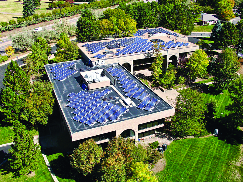 The Geological Society of America building in Boulder, Colorado, USA, from above, ca. 2013.