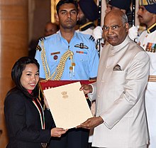 The President of India presenting the Major Dhyan Chand Khel Ratna Award to Chanu at Rashtrapati Bhavan, New Delhi.