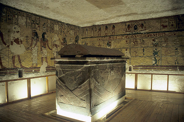 Restored sarcophagus with lid in the burial chamber