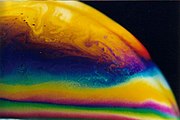 Thin-film interference in a soap bubble. Colour varies with film thickness.