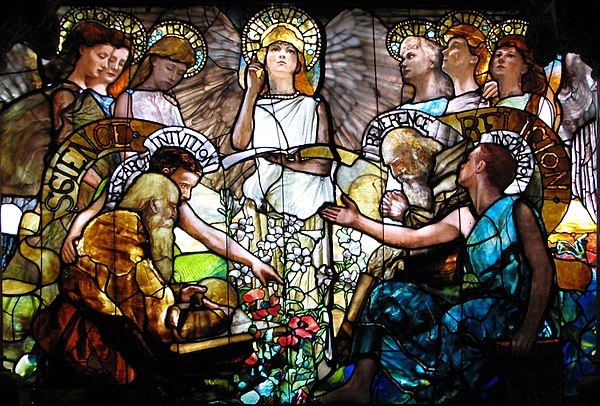 Science and religion are portrayed to be in harmony in the Tiffany window Education (1890).