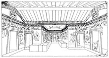 Croquis général de l'intérieur d'une tombe avec des murs peints