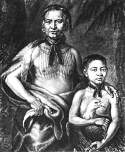 Krikų vadas Tomočičis su sūnėnu (1735 m. piešinys)
