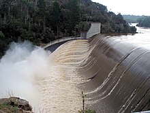 Trevallyn Dam in flood in August 2009