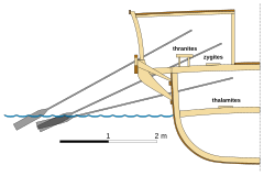 Een diagram met de posities van de roeiers van de drie verschillende riemen in een trireem