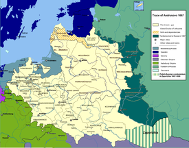 The loss of lands to Russia in the 1667 Truce of Andrusovo (dark green) forever changed the balance of power in Eastern Europe Truce of Andrusovo 1667.PNG