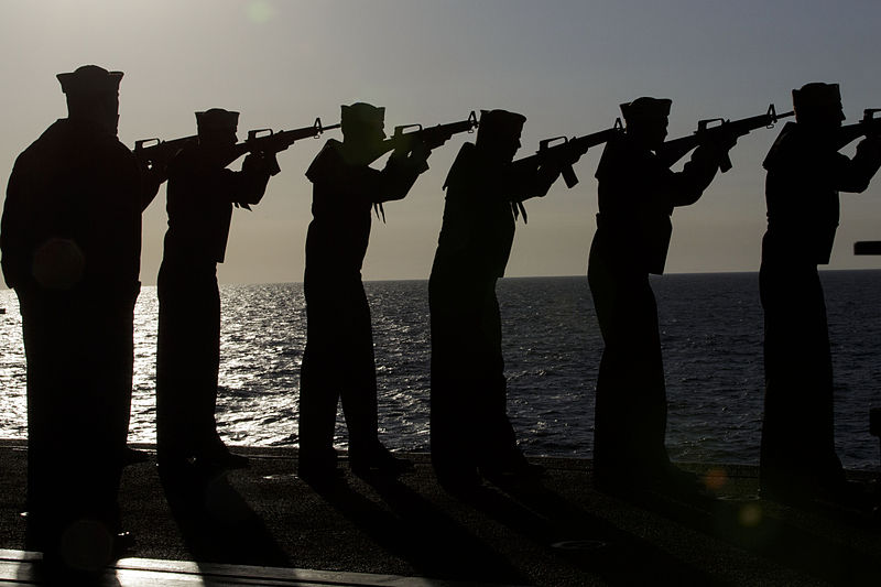 File:U.S. Navy Sailors perform a rifle volley during a burial at sea ceremony aboard the Multipurpose Amphibious Assault Ship USS Bataan (LHD 5) off the East Coast Dec. 7, 2013 131207-M-MX805-132.jpg