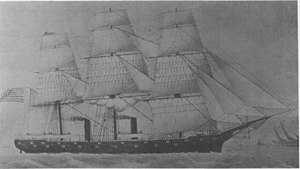 An illustration of USS Madawaska, showing the spar deck added to her in 1869. USS Madawaska (1865).jpg