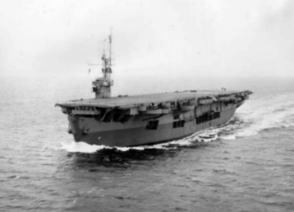 USS Suwannee a T3 tanker converted to an escort carrier, underway, after repairs from the kamikaze attacks of October 1944