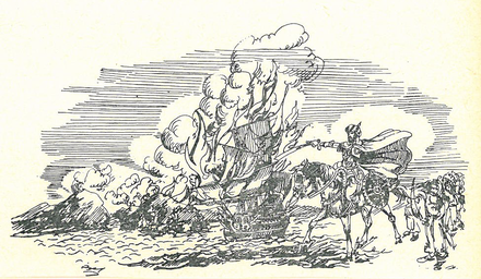 A 20th-century Lebanese illustration of Tangier's lord Tariq ibn Zayid burning the ships during his invasion of Spain