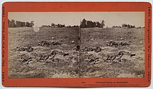 "Unburied Dead on Battlefield" by John Reekie; issued as Stero #914 being taken on the 1862 Battlefield of Gaines Mills aka First Cold Harbor April 1865; taken near the Adams Farm where 7th New York artillery was stationed June 1864 see Civil war Talk. Unburied Dead on Battlefield. (19948752786).jpg