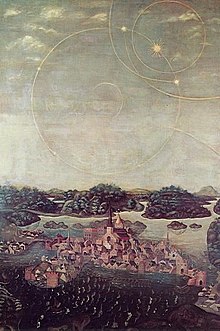 17th century copy of Urban Larsson's Vadersoltavlan, the oldest known image of Stockholm. The painting can be seen in Storkyrkan. Vadersolstavlan.jpg