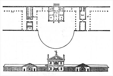 Oryginalny projekt Andrei Palladio (zbudowany tylko w bocznej barchesse), z Czterech ksiąg architektury, 1571