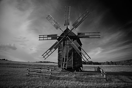 Windmill from the village of Kudryavy, Sumy Oblast, in Pyrohiv Museum of Folk Architecture and Folkways of Ukraine in Kyiv Photograph: Ruslan Hrybiuk