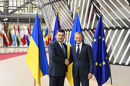 Tusk with Ukrainian Prime Minister Volodymyr Groysman in Brussels, May 2018