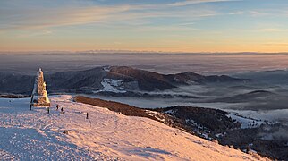 View from the Grand Ballon to the Swiss Alps. In the forground the Memorial Diables Bleus