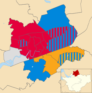 Map showing the results of the 2021 Warrington Borough Council election Warrington UK local election 2021 map.svg