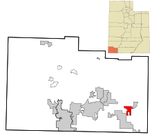 Washington County Utah birleşik ve tüzel kişiliğe sahip olmayan alanlar Rockville vurgulanmıştır.svg