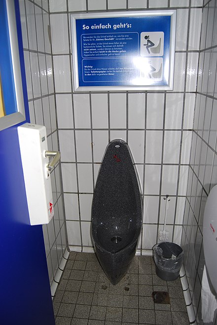 This female urinal in Frankfurt, Germany forbids sitting on it and thus asks a user to hover over it.