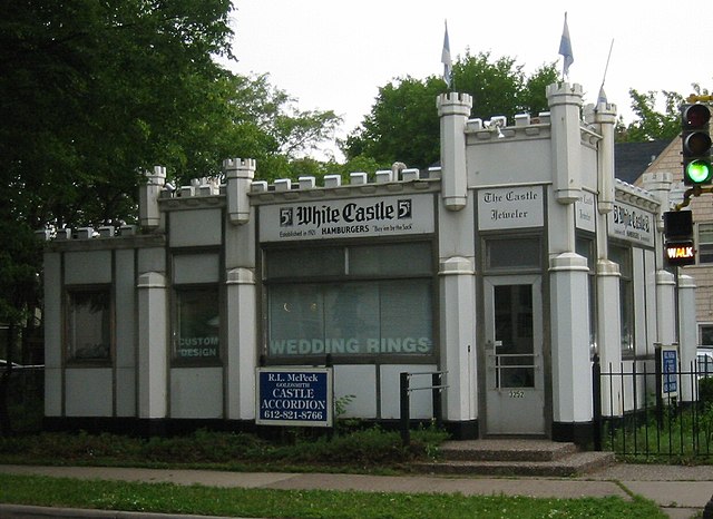 White Castle Building No. 8, originally built in 1936 in Minneapolis, Minnesota, and later remodeled. The castle-like features mimic Chicago's Water T