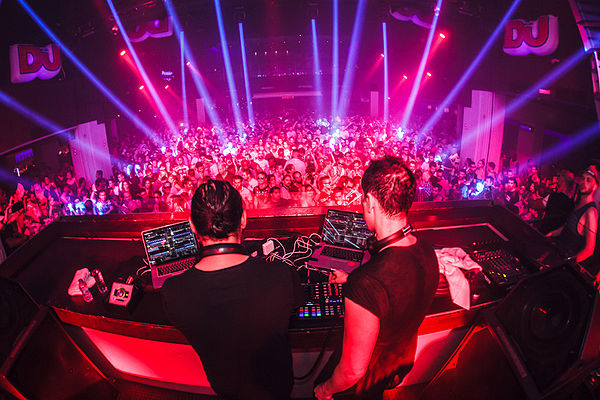 Two DJs perform at the nightclub Space on the island of Ibiza in 2015