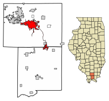 Williamson County Illinois Sisällytetyt ja rekisteröimättömät alueet Marion Highlighted.svg