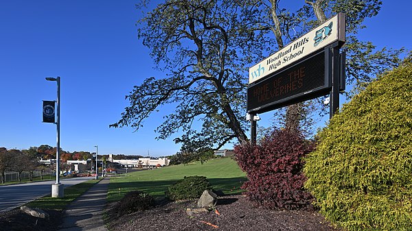 Woodland Hills High School sign, Pittsburgh, PA