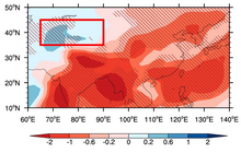 Sulfate aerosols have decreased precipitation over most of Asia (red), but increased it over some parts of Central Asia (blue). Xie et al 2022 Asian aerosols.png