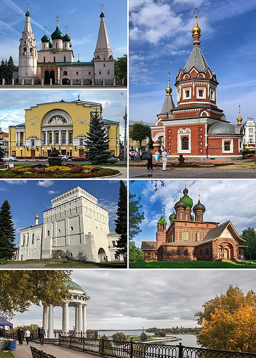 Clockwise, from top right: St. Alexander Nevsky's Chapel, St. John the Baptist's Church, Strelka Park from Volga Embankment, Znamenskaya Tower, Volkov