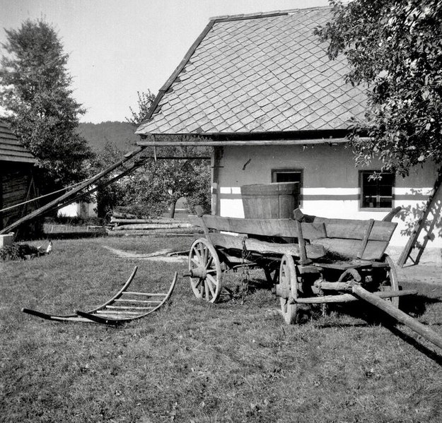 File:"Kounica"- voz za gnoj; na njem čebri z vodo, spredaj trage, Sela pri Anzeljnu 1949.jpg