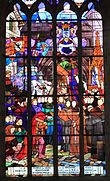 Vitrail : Le Bx Charles de Blois, Duc de Bretagne et ses féaux, Duguesclin et Beaumanoir devant l’image de Notre-Dame des Vertus sont reçus par le révérend prieur du couvent des Cordeliers, XIVe siècle