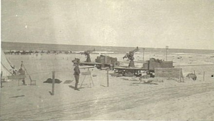 Anti-aircraft guns of an Australian Light Horse regiment near the beach at 'Arish, during World War I.