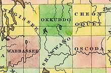 A detail from A New Map of Michigan with its Canals, Roads & Distances (1842) by Henry Schenck Tanner, showing Otsego County as Okkuddo County, its name from 1840 to 1843. Several nearby counties are also shown with names that would later be changed.