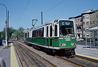 1977 Boeing LRV 3466 of MBTA (Boston) at Beacon and Hawes in 1987.jpg