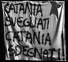 A banner against violence in football at the Massimino stadium, Catania. (translated: "Catania, wake up. Catania, show your indignation.") 2007 Catania banner.jpg