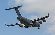 A US Air Force C-17 Globemaster III, tail 00-0171, on final approach to Kadena Air Base in Okinawa, Japan. It is assigned to the 176th Wing of the Alaska Air National Guard, and is originally from Joint Base Elmendorf–Richardson in Anchorage, Alaska.