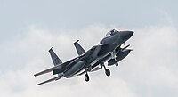 A US Air Force F-15C Eagle, tail number 81-0031, on final approach at Kadena Air Base in Okinawa, Japan. It is assigned to the 44th Fighter Squadron at Kadena AB.