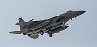 A US Air Force F-15C Eagle, tail number 85-0095, on final approach at Kadena Air Base in Okinawa, Japan. The aircraft is assigned to the 44th Fighter Squadron.