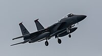 A US Air Force F-15C Eagle, tail number 85-0112, on final approach at Kadena Air Base in Okinawa, Japan. It is assigned to the 18th Wing at Kadena AB.