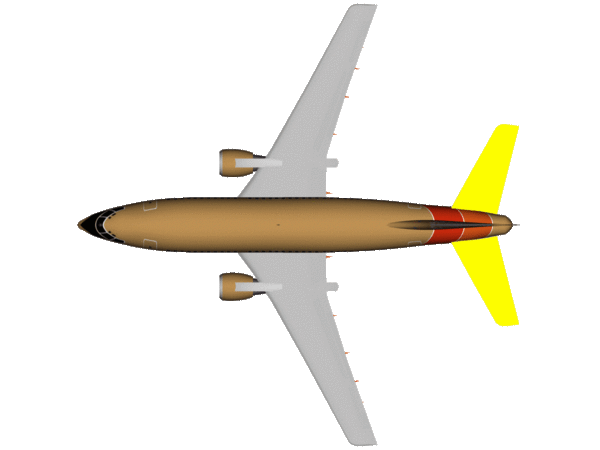 Boeing 737 felülnézete hagyományosan elhelyezett (sárgán villogó) vízszintes vezérsíkokkal.