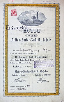 Aktie über 300 Mark der Actien-Zucker-Fabrik Lehrte vom 1. Juni 1884