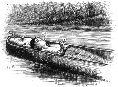 boy smoking a pipe in a canoe