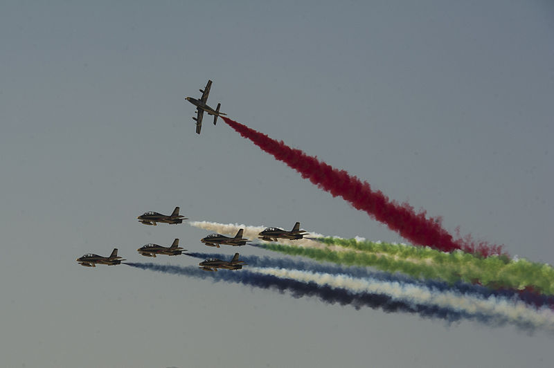 File:Al Fursan, the United Arab Emirates Air Force aerobatic display team, performs during the Bahrain International Airshow at Sakhir Air Base, Bahrain, Jan. 16, 2014 140116-F-IG195-276.jpg