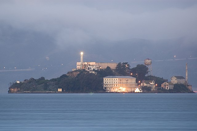 Alcatraz in the dawn mist, from the east. The "parade ground" is at left.