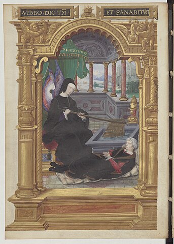Louise de Savoie tenant un gouvernail, symbole de la régence (vers 1520-1522), miniature attribuée à Noël Bellemare tirée de la Gestes de Blanche de Castille, BnF